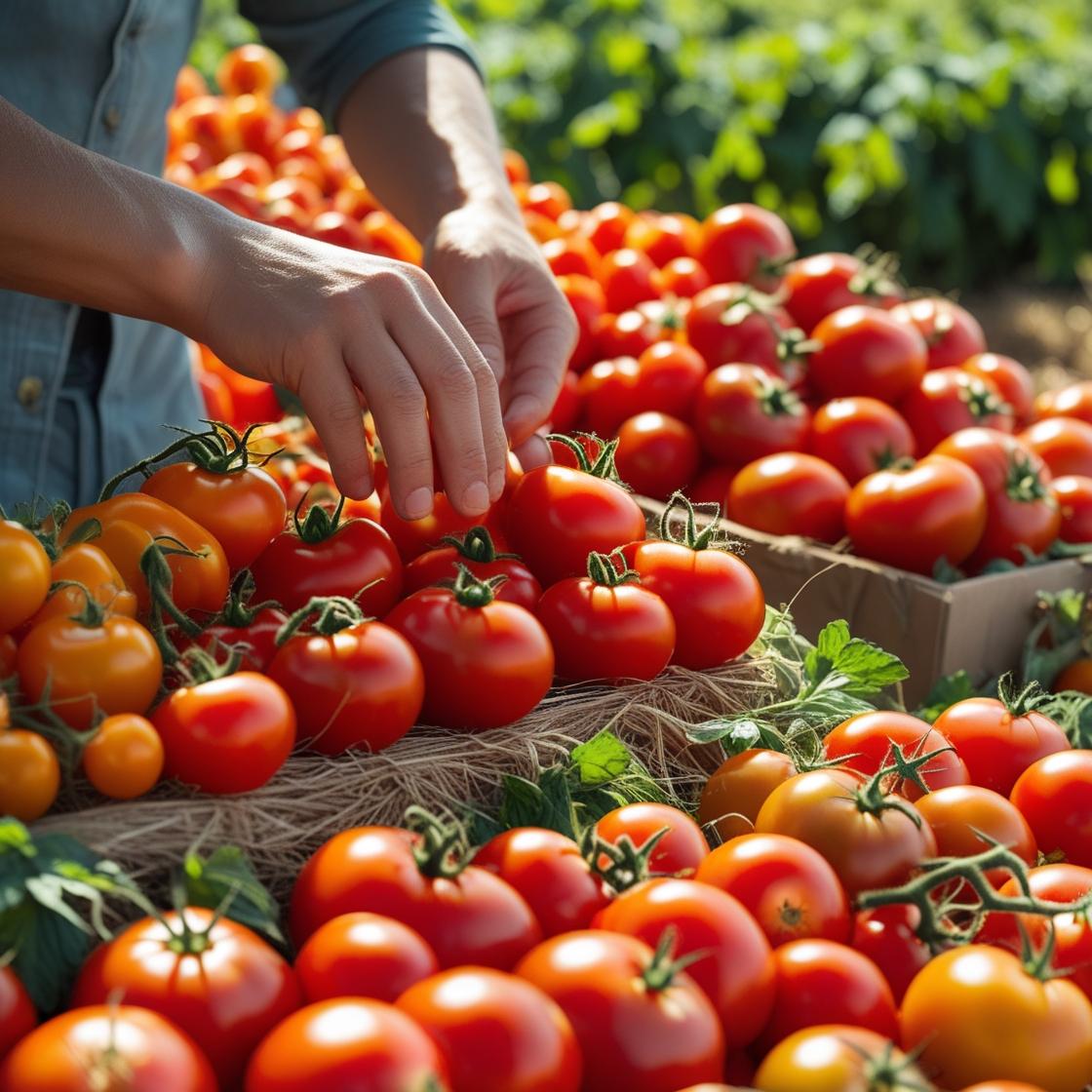 Consumidor escogiendo tomates en cosechas